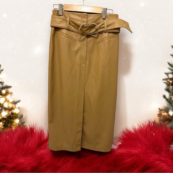 076 INTERMIX | EUC Joanna Belted Vegan Tan Leather Midi Skirt (Size 2) - Picture 5 of 11